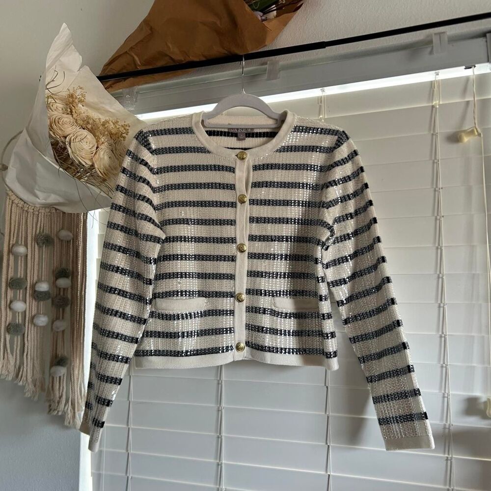 J.Crew Emilie Sequin Stripe Sweater Lady Jacket Cardigan Ivory Black Size Medium